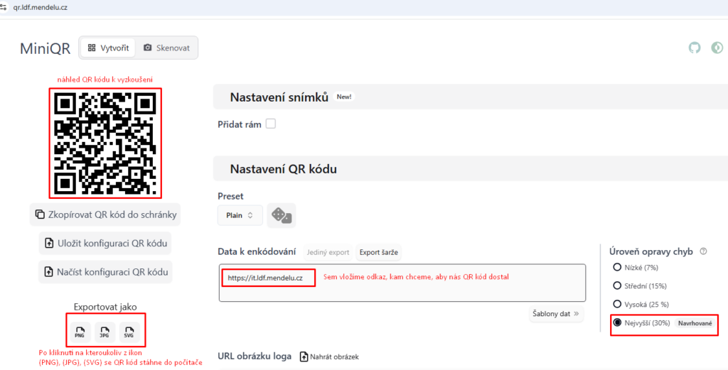 na obrázku se nachází nastavení QR kódu: Vlevo Exportovat Jako po kliknutí na kteroukoliv ikon stáhneme QR kód do počítače k dalšímu použití. Data k enkódování znamená pole, do kterého vložíte odkaz, na který vás QR kód nasměruje po namíření etlefonu. A vpravo si zaškrtněte vždy úroveň opravy chyb na Nejvyšší (30%), aby i v případě částečného poškození/ošoupání/strhnutí qr kódu vám QR kód stále fungoval. (typicky vhodné na zadní obálku knih, nebo na některá exponovaná místa, kde může dojít k částečnému poškození QR kódu).